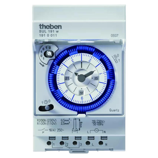 Theben SUL 191 W Analogue Time Switch DIN Rail Weekly Program 3-Day Power Reserve 3 TE Mechanical