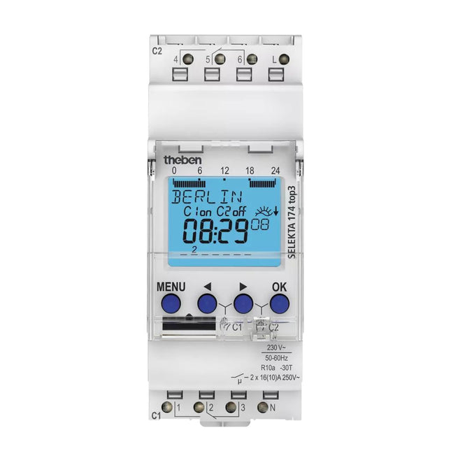 Theben Selekta 174 Top3 Astro Time Switch 2 Channels Reg/Din Rail/Top-Hat Rail Reversible Astro Mode