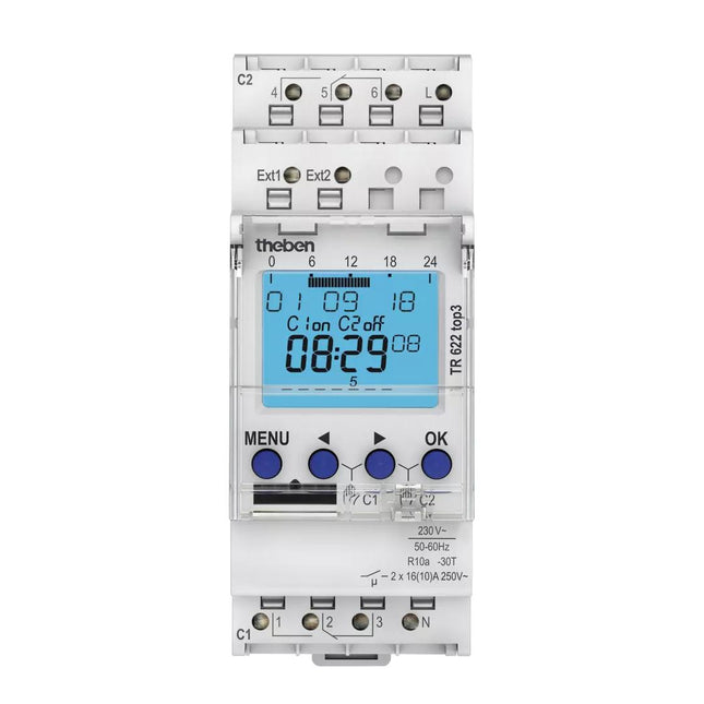 Theben Tr 622 Top3 Digital Time Switch 2 Channels Reg/Din Rail/Top-Hat Rail